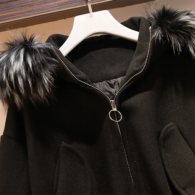Женская зимняя куртка большого размера плюс 5XL, шерстяное черное пальто на молнии, шерстяное пальто, большое теплое манто Femme Hiver