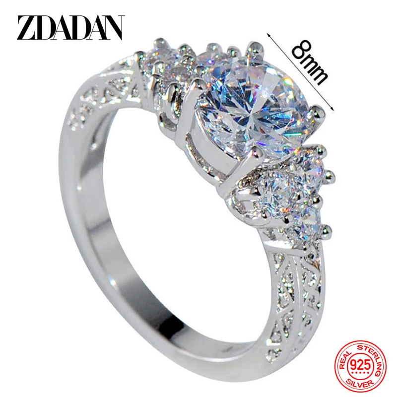 ZDADAN 925 Sterling Silver 8MM Zircon Finger Ring For Women Fashion Wedding Jewelry Accessories Wholesale 3
