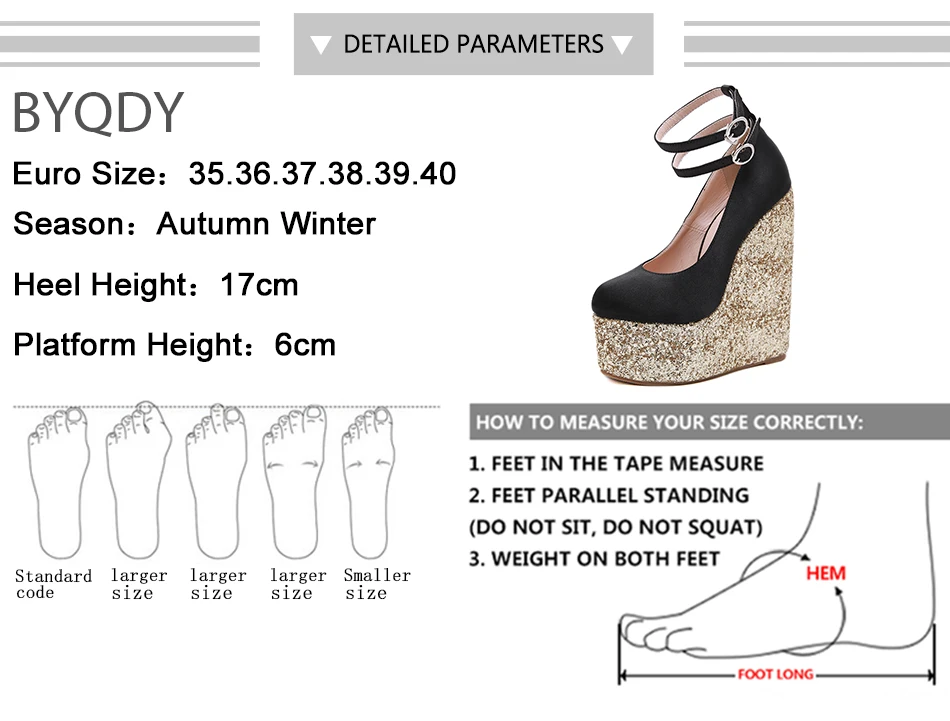 BYQDY/туфли-лодочки на очень высоком каблуке; женские осенние туфли-лодочки на платформе; туфли-лодочки на танкетке с круглым носком; Свадебные вечерние туфли с ремешком и пряжкой; Цвет Черный; размер 40