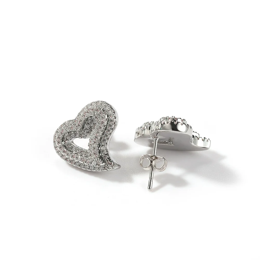 Stud earrings for women men Hollowed Out Heart Hip Hop Iced Out Gold Silver Color Ear Jewelry