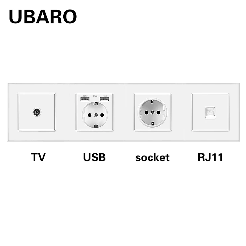 UBARO Standard ue gniazdo ścienne hartowana szklana rama RJ45 RJ11 TV terminale sygnałowe USB 5V 2A wtyczki gniazdko domowe 250V 16A 344*86mm