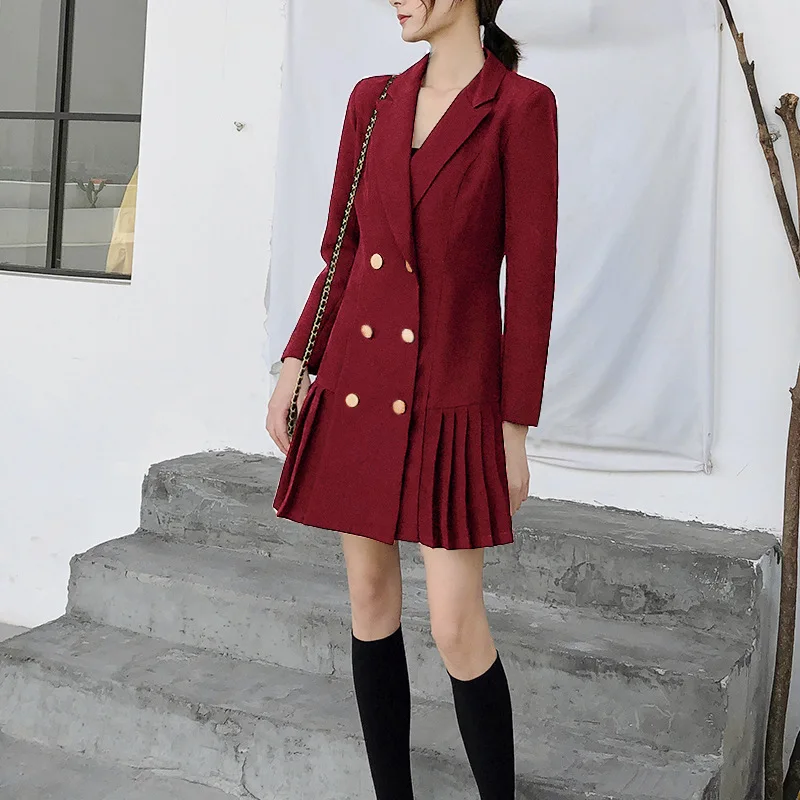 Blazer Dress Women 2021 Autumn Fall Long Sleeve Suit Jacket Elegant Formal Office Ladies Double Breasted White Black Vestidos