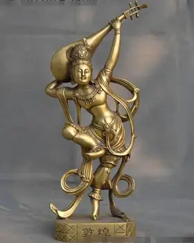 

15" Old Chinese brass Dancer Beauty play 4-stringed Pipa lute Statue