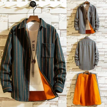 

Plus Velvet Thick Long-sleeved Shirt Men's Middle-aged Youth Autumn and Winter New Bottoming Shirt Slim Warm Striped Shirt