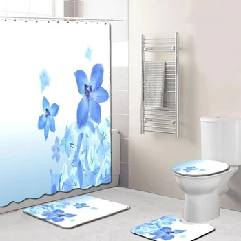 

Bathroom Floor Mat Combination Four-Piece Floral Print Bathroom Anti-Slip Rug Toilet Seat Cover Door Cushion Set