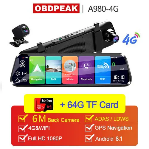 A980- 64G TF Card A980 4G Android 8,1 ADAS 1" поток зеркало заднего вида Dash Cam камера Автомобильная камера рекордер Dvr Dashcam gps навигация 1080P wifi - Название цвета: A980- 64G TF Card