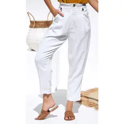 Женские белые брюки осенние Слаксы с высокой талией Элегантные рабочие брюки женские свободная длина по щиколотку Pantalon офисные женские