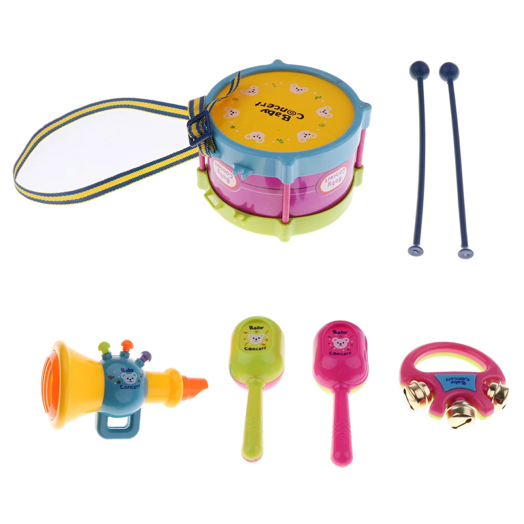 1 Set Plastic Hand Snare Drum Hand Bell Maracas Mini Trumpet for Kids Baby Toddler Preschool Musical Toys