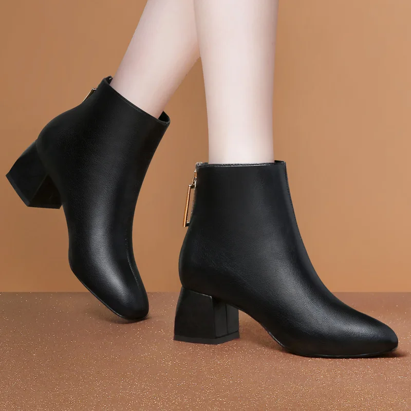 

Square Head Short Boots Women's Chunky-Heel Martin Boots after Zipper 2019 Autumn And Winter New Style British-Style Leather Boo