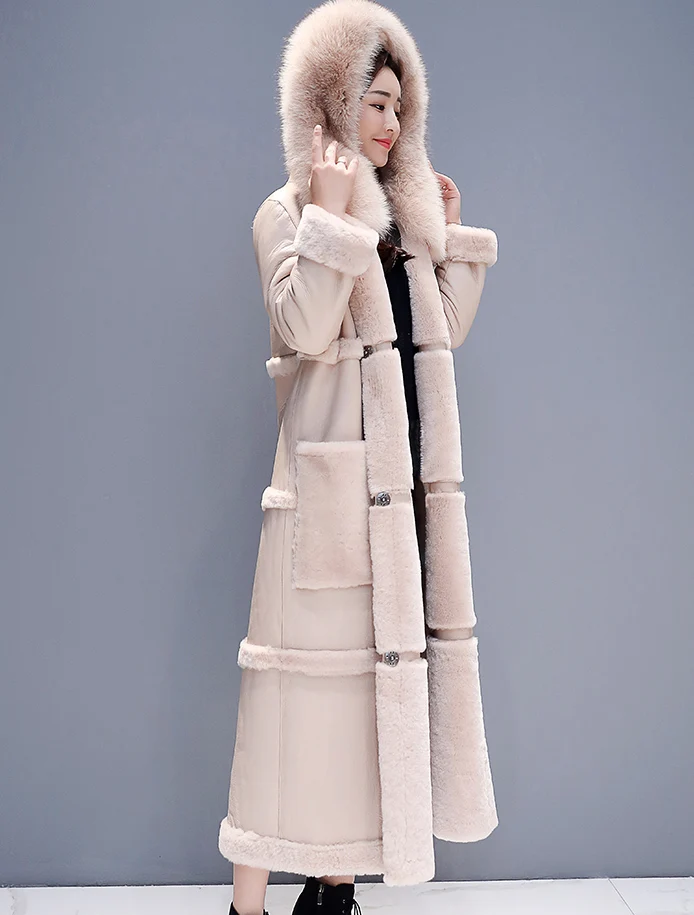 Осенне-зимнее пальто из меха ягненка женские большие размеры корейский стиль большой меховой воротник выше колена из искусственной кожи толстое теплое длинное пальто элегантные женские