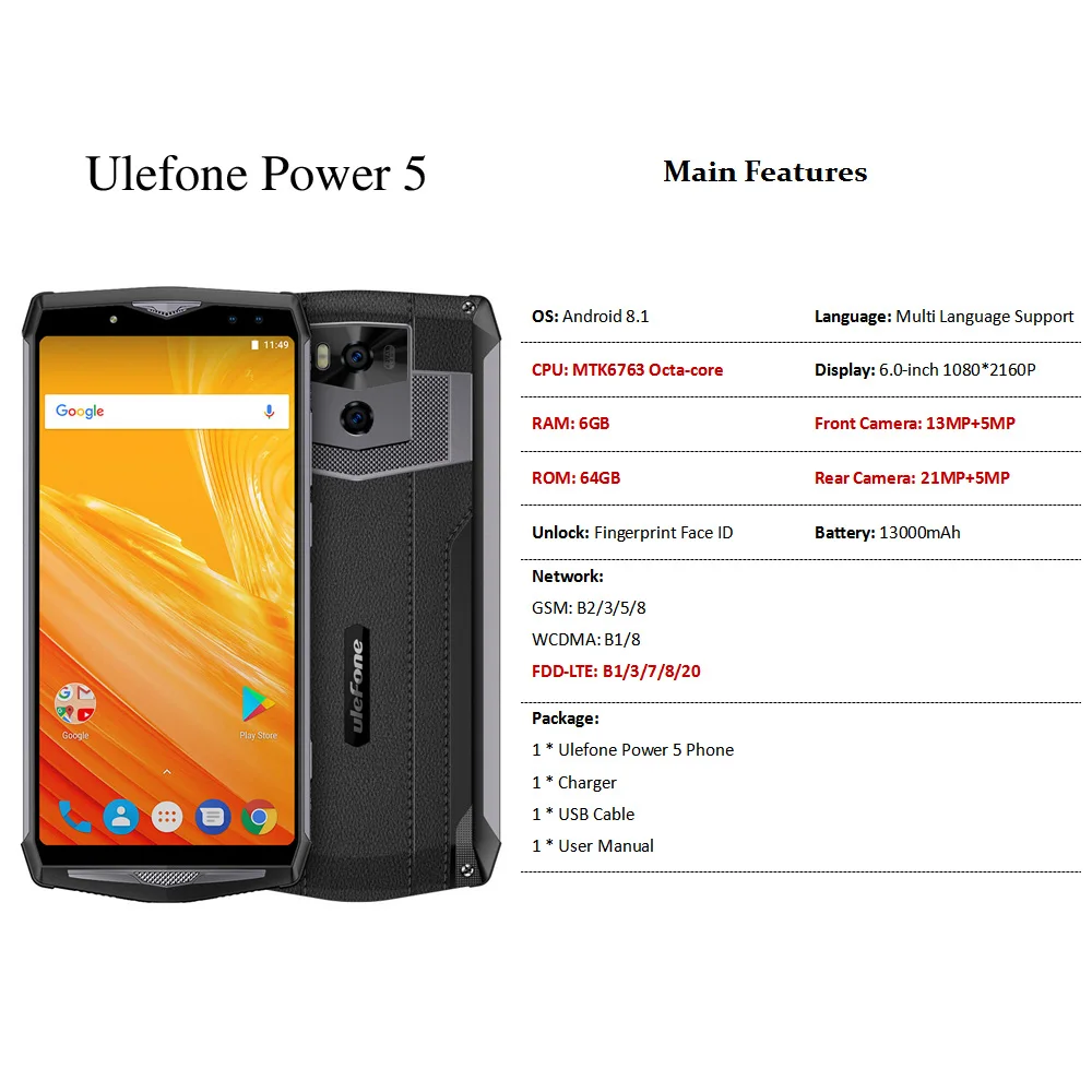 Чехол-накладка Ulefone Мощность 5 13000 мА/ч, 4G, 6 дюймов FHD MTK6763 8-Core Android 8,1 6 ГБ+ 64 ГБ 21MP четырьмя камерами Беспроводной Зарядное устройство Face ID смартфон