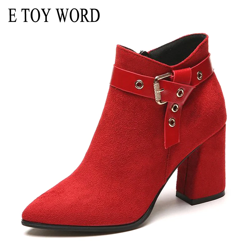 

E TOY WORD Shoes Martin boots women boots High Heels Thick heel Pointed Plus velvet inside ladies ankle boots Red bridal shoes