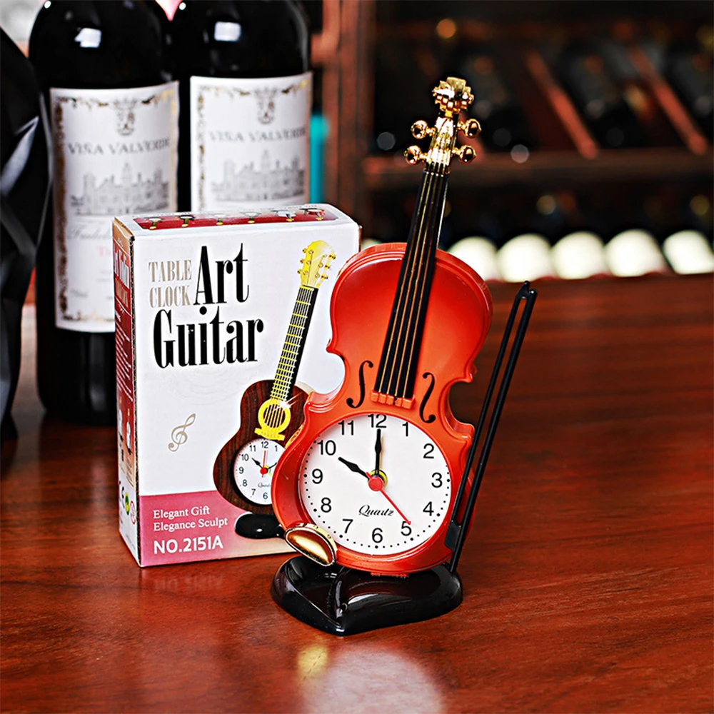 Table Clock Simulation Violin Creative Fashion Simple Alarm Clock Musical Instrument Shape Cartoon Desktop Living Room Plastic Ornaments