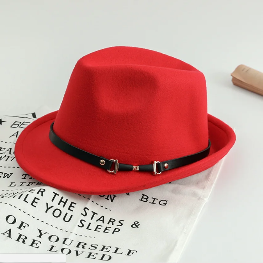 fedoras Женская мода джаз шляпа осень зима полушерстяная Кепка открытый пояс Кепка с пряжкой - Цвет: red