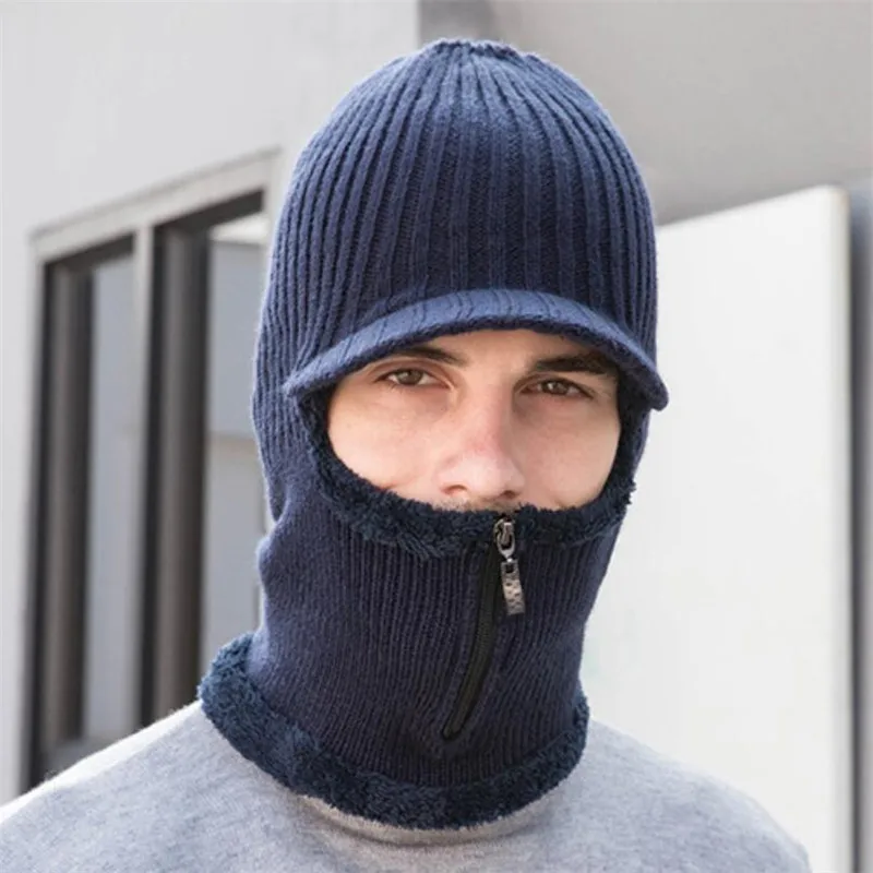 Winter Men Zip Hooded Scarf With Golves Women Plush Knitted Hat Scarves Male Woman Warm Protection Ear Brim Cap Adult