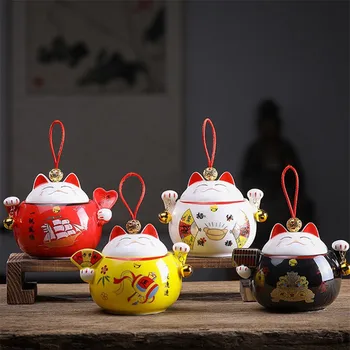 

1PC Lucky Cat Tea Can With Lid Ceramic Sealed Jars Storage Tea Pot Portable Moisture-proof Mini Tea Storage Tank Ornaments Gift