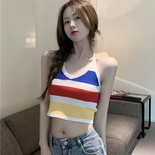 

Women's Knitting Camisole Sleeveless V Neck Slim Short Cropped Feminino Striped Basic Casual Summer New Fashion Tank Tops Female