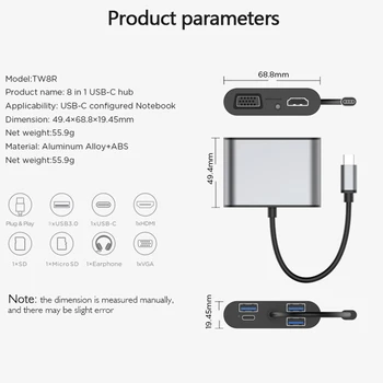 

USB Type C Hub HDMI Converter 8 in 1 Type C to HDMI USB 3.0 PD VGA SD/TF Card Reader Multiport Adaptor for Notebooks