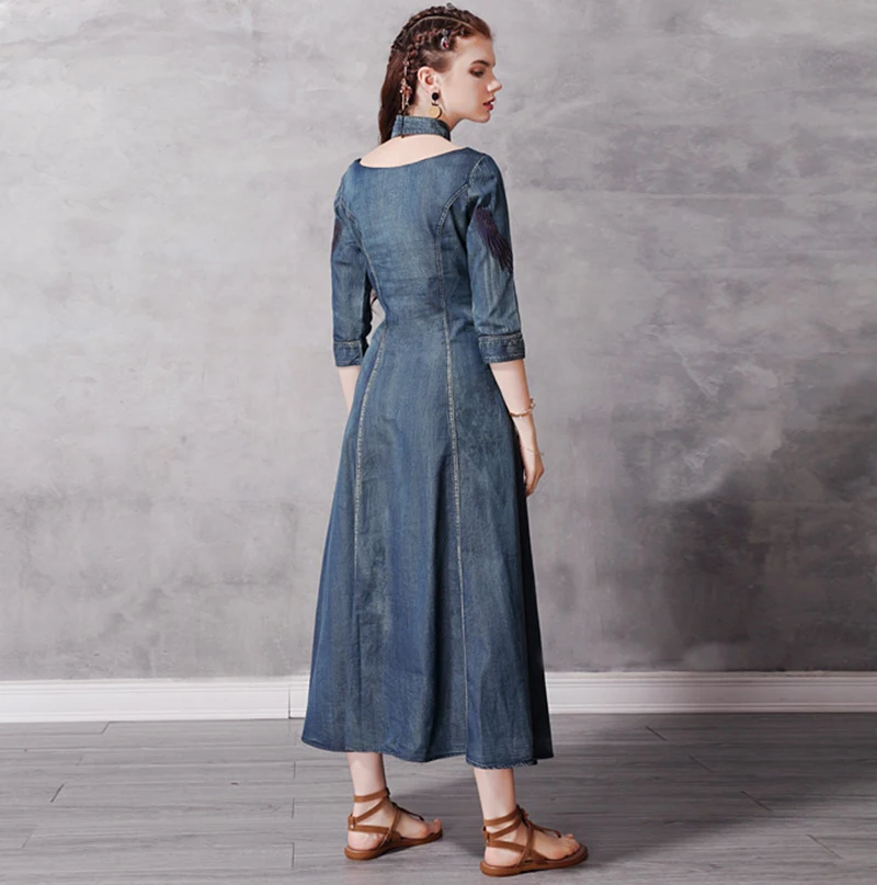 TEELYNN джинсовые платья для женщин cheongsam платья синий хлопок Феникс Цветочная вышивка бохо платье осень цыганские платья vestidos