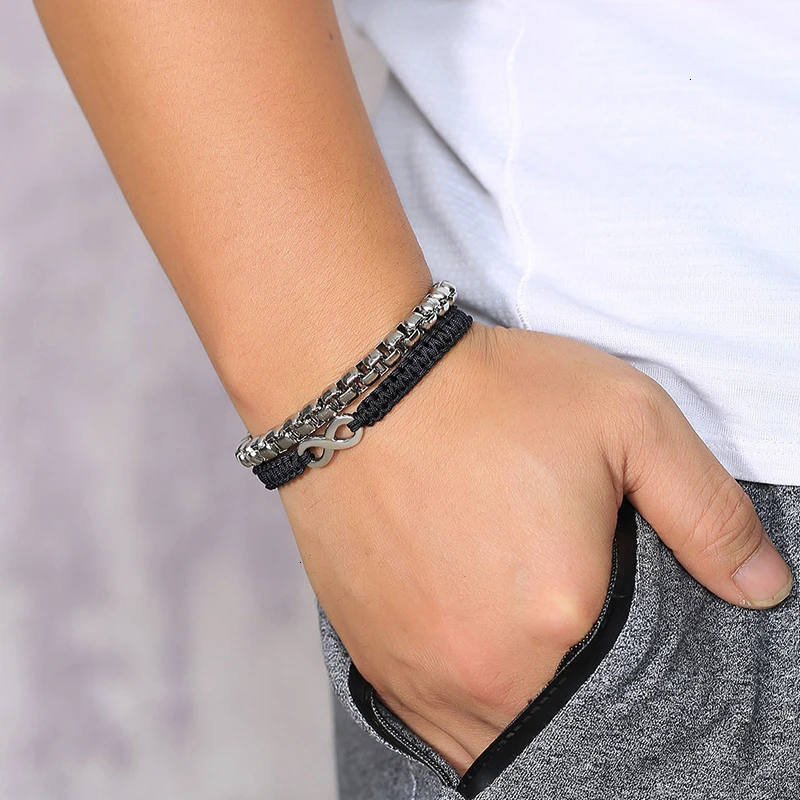 Vnox коробка кожаный браслет с цепочкой набор для мужчин повседневная нержавеющая сталь простые мужские Pulseira