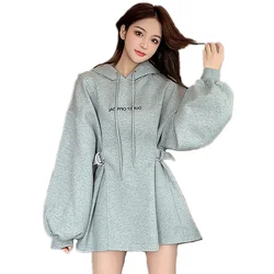 Winter High Street Clothes Women Solid Puff Sleeves Long Hoodies With Adjustable Belt Thick Velvet Sashes Hooded Sweatshirt