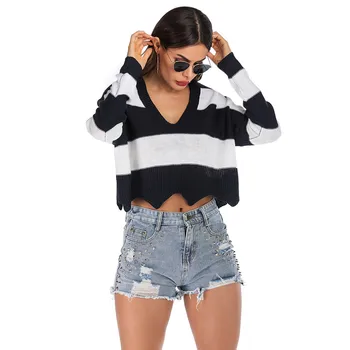 

Fall Winter Women Sweater V-Neck Wave Stripe Short Sweater Off Shoulder Pullover Knit Long Sleeve Loose Sweater Crop Top Female