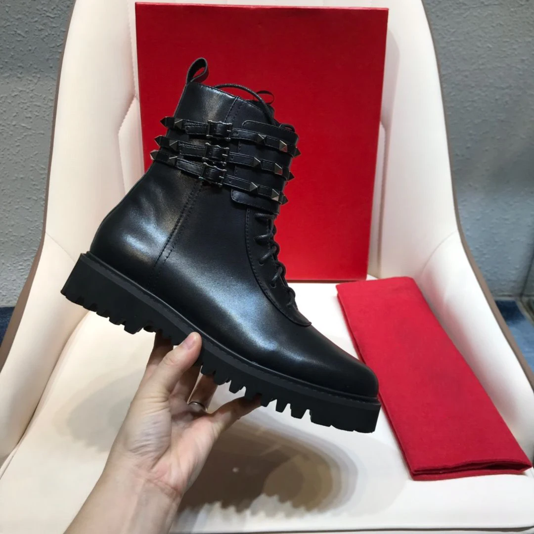 

Black Ankle Motorcycle Boots Women Shoes Winter Lace Up Rivet Zipper Luxury Brand Genuine Leather Ladies Shoes Bota Feminina