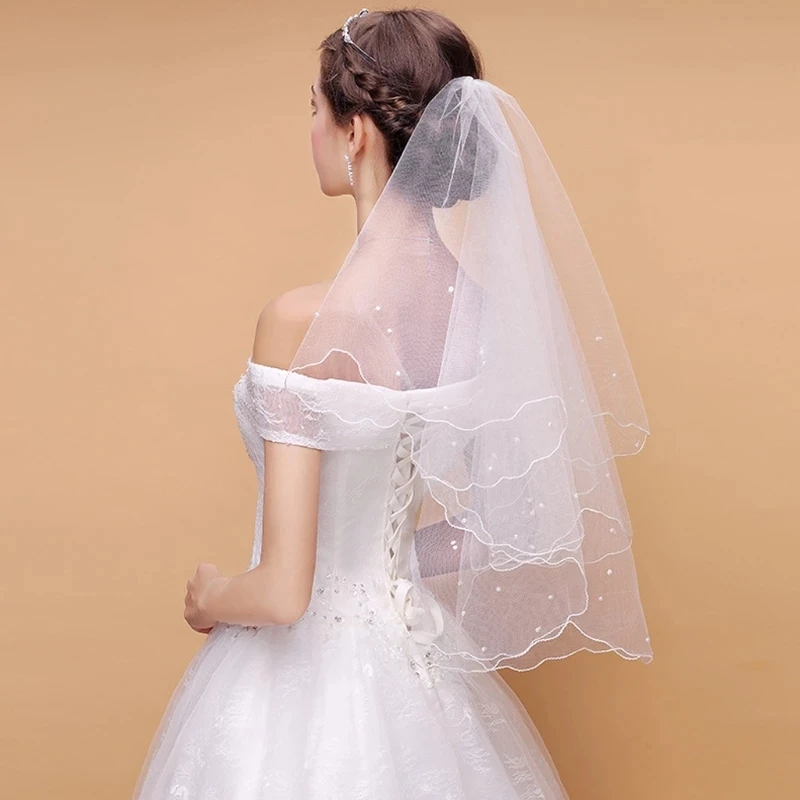 Bridal Veil Pearl Wedding Dress Layers Tulle Ribbon Edge Veils Women Accessories