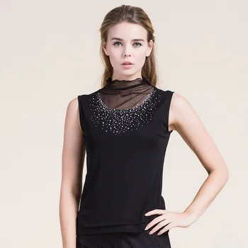 

Summer New Real Silk Half-Turtle-Neck Sleeveless Vest WOMEN T-shirt 100% Mulberry Silk Mesh Diamond Lace Base Shirt