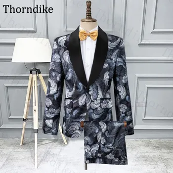 

Thorndike Surf Print Party Prom Suit Men 2020 Shawl Lapel Single Breasted Wedding Dress Suit Men's Casual Elegant Stage Tuxedos