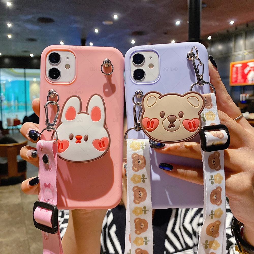 Cute Cartoon Holder Soft Phone Case for Huawei Y9A Y7A Y8P Y7P Y6P Y5P 2020 Y9 Y7 Y6 Y5 2019 2018 P Smart 2021 Z Pro Plus Strap huawei pu case