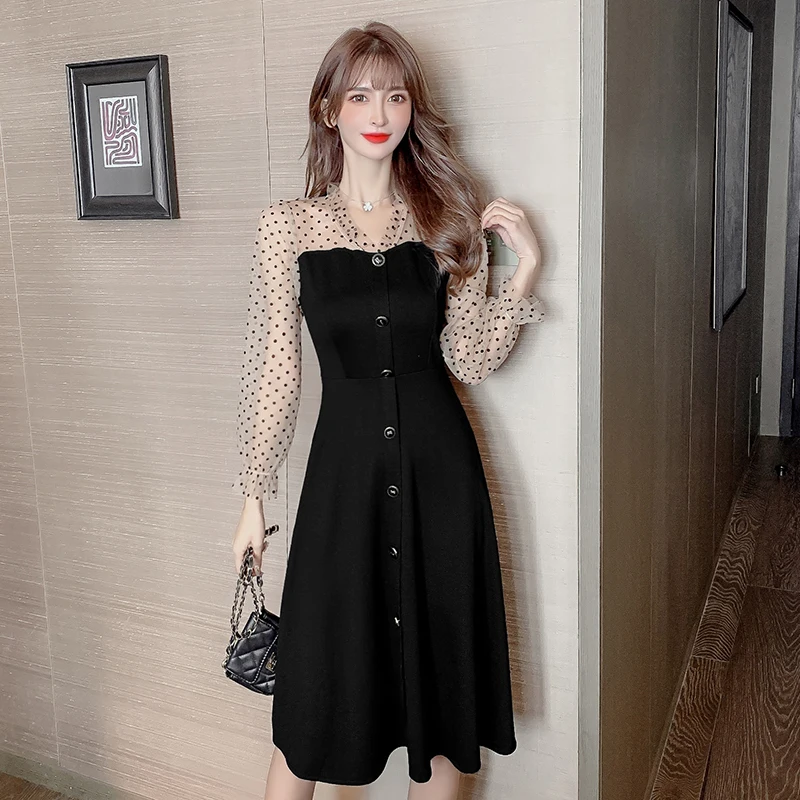 

Spring Autumn Black Pachwork Mesh Polka Dot Sexy Midi Dress Women Korean Vintage Solid Dress 2023 Bodycon Elegant Casual Vestido