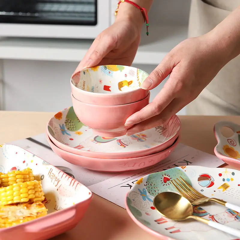Cute Alpaca Series Pink Hand-painted Ceramic Plate Rice Bowl