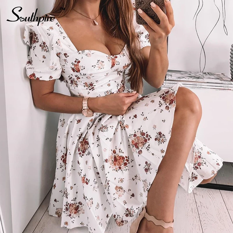 Southpire vestidos blancos estampado de para mujer, Vestido corto de manga abombada con cremallera, vestido de verano elegante|Vestidos| - AliExpress