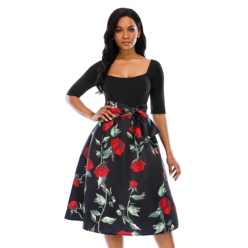 Женское платье-трапеция с цветочным принтом Элегантное повседневное платье до