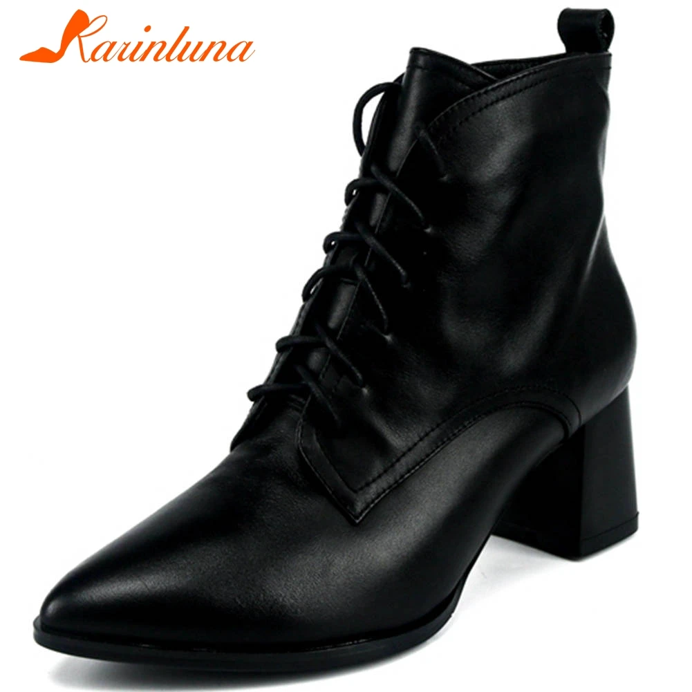 

Karinluna 2020 New Design Hot Genuine Cow Leather Shoes Woman Boots Zip Up Pointed Toe Chunky Heels Ankle Boots Women Shoes