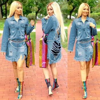 

New Korean Style Club Dress Long Sleeve Turn-down Collar Fashion Denim Sexy Dress Hole Frayed Above Knee Straight Party Dresses