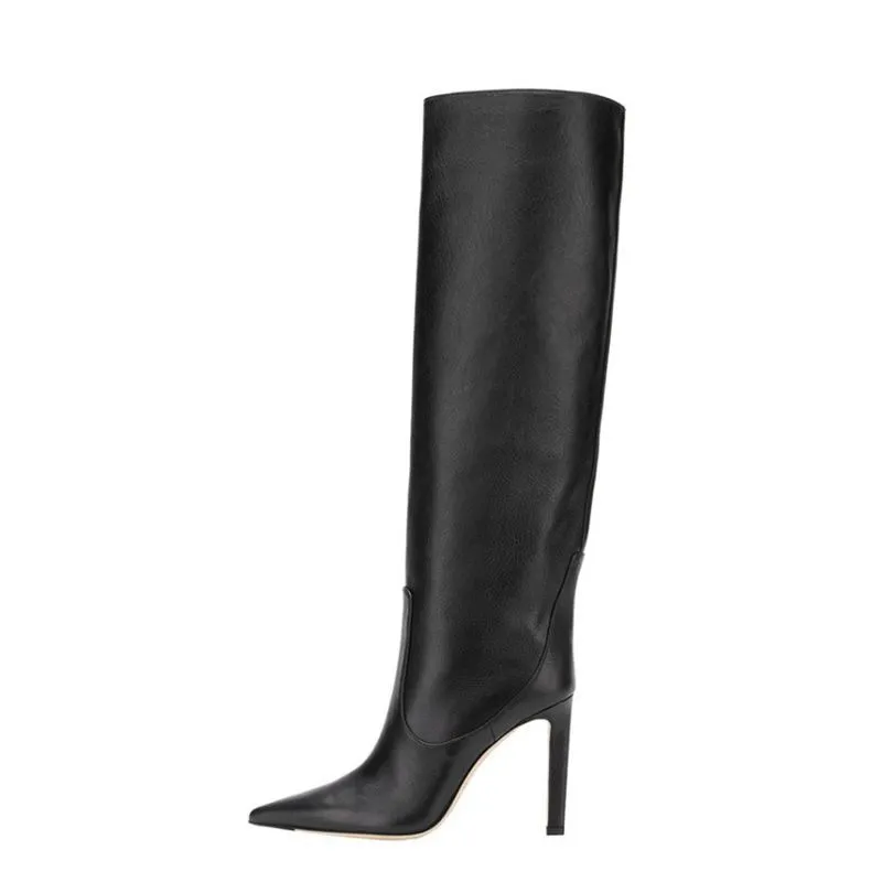 Coolcept/Зимние Сапоги выше колена, с острым носком, на тонком высоком каблуке, однотонные, без шнуровки, черная обувь для вечеринок, пикантные, Botas Feminino, размер 33-45 - Цвет: Черный