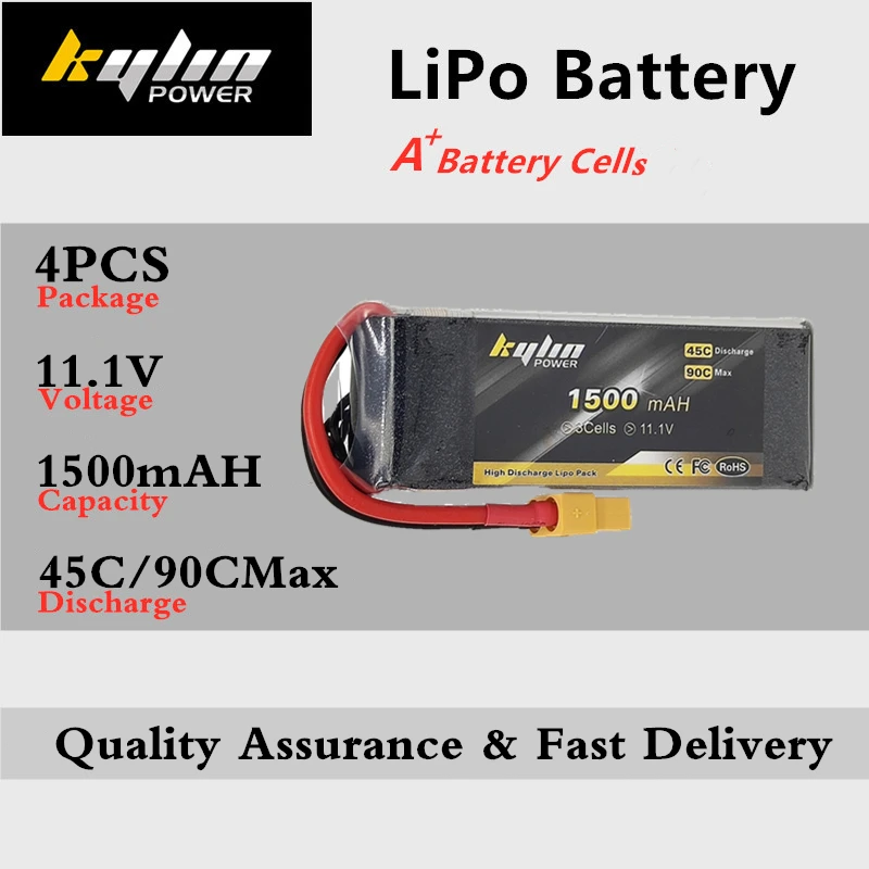 

4PCS Lipo Battery 3S 11.1V 1500mAh 45C/90C Max For RC Drones Quadcopter Airplane Multicopter Helicopter high-rate Lithium Batter