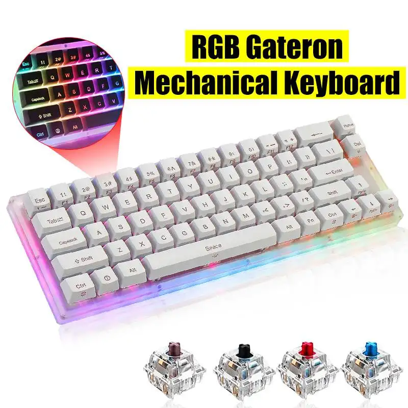 Keyboard 66Key Tyce-C Wired RGB Backlit Gateron Switch Mechanical Gaming Keyboard With Crystal Base For PC Laptops