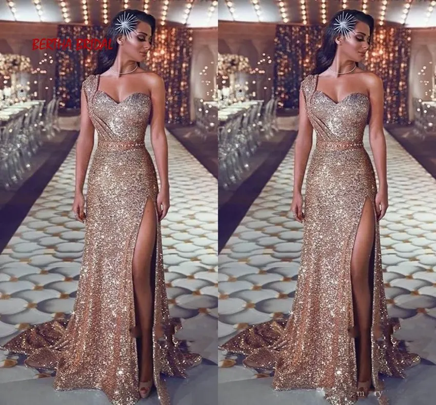 Sparkly Prom Dress Sequin One Shoulder Sweetheart Court Train High Slit Sexy Evening Dress Vestido De Formatura