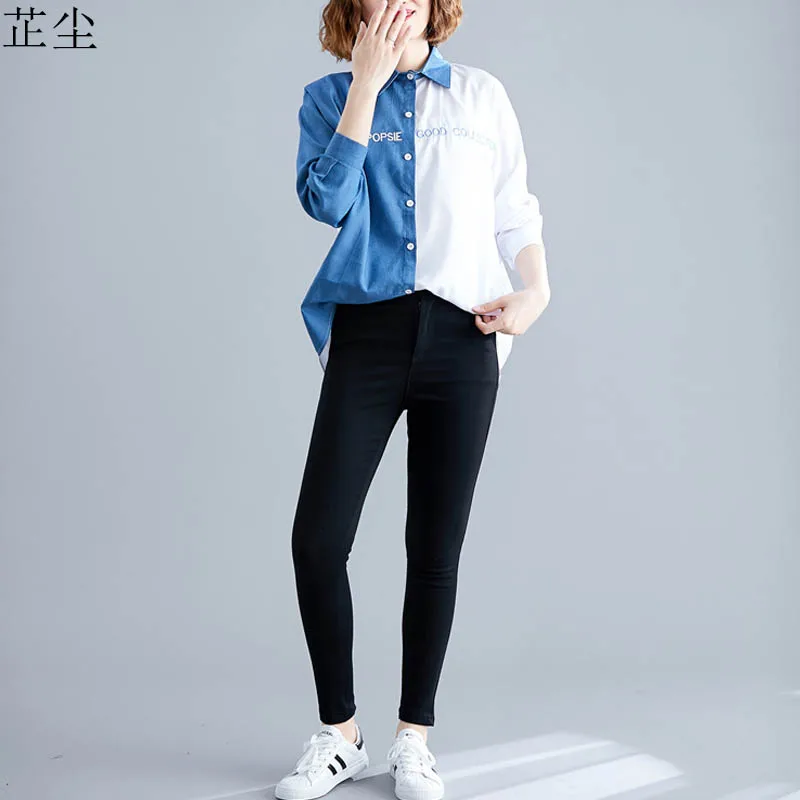 

Plus Size Denim Shirt Female Long Sleeve Women Blouse Korean Turn-Down Collar Cotton Top Autumn Loose Casual Femme Shirt 2019