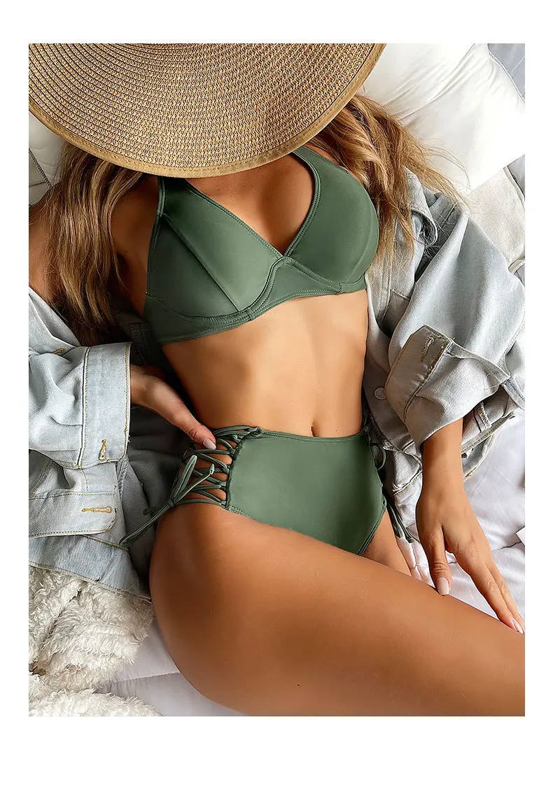 

Сексуальный бикини с высокой талией, пуш-ап, купальник с лямкой на шее, женский купальник, комплект бикини из двух предметов, однотонный, на шнуровке, бикини, Женская пляжная одежда