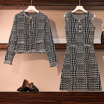 

2019 Autumn 2 piece set women new style fashion Slim OL temperament commuter short jacket with dress elegant two-piece suit