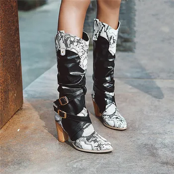 

YMECHIC 2019 Fashion Western Snake Print Buckle Strap Block High Heels Long Winter Boots Women Black Boots Female Shoes Woman