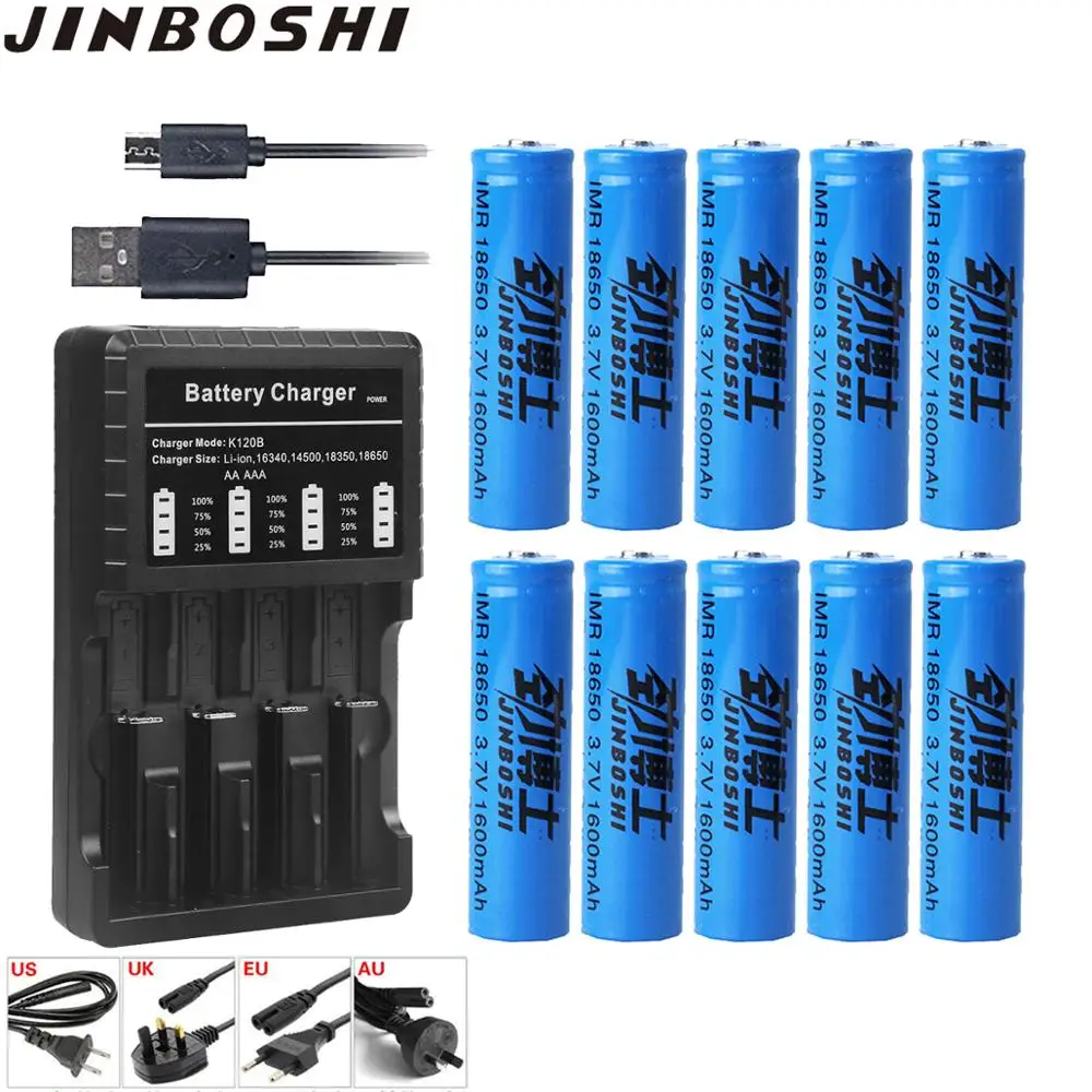 

10pcs 3.7v 1600mah 18650 Lithium Rechargeable Li-ion Battery + 1pcs 18650 16340 14500 Charger For Flashlight headlamp batteries