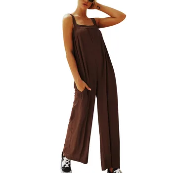

Women Square Neck Long Jumpsuit Spaghetti Strap Solid Loose Summer Beach Overalls JL