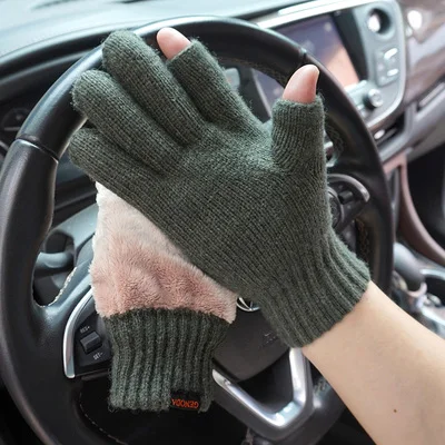Dark green Мужские зимние новые модные теплые черные вязаные перчатки мужские перчатки для вождения шерсть плюс бархатные толстые теплые митенки для улицы - Цвет: Dark green