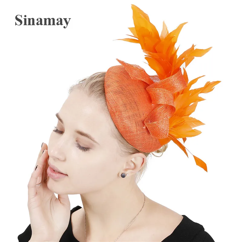 

4layer spring orange red linen fascinator sinamay wedding feather millinery hat female accessory elegant headpiece High quality