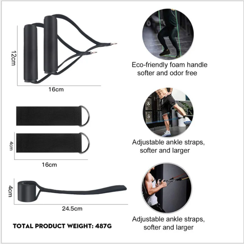 TheFitLife Bandes de résistance de fitness avec poignée - 5 sangles de fitness, tube d'entraînement avec grande poignée, sangle de cheville, fixation d'ancrage de porte, sac à main et eBook en bonus